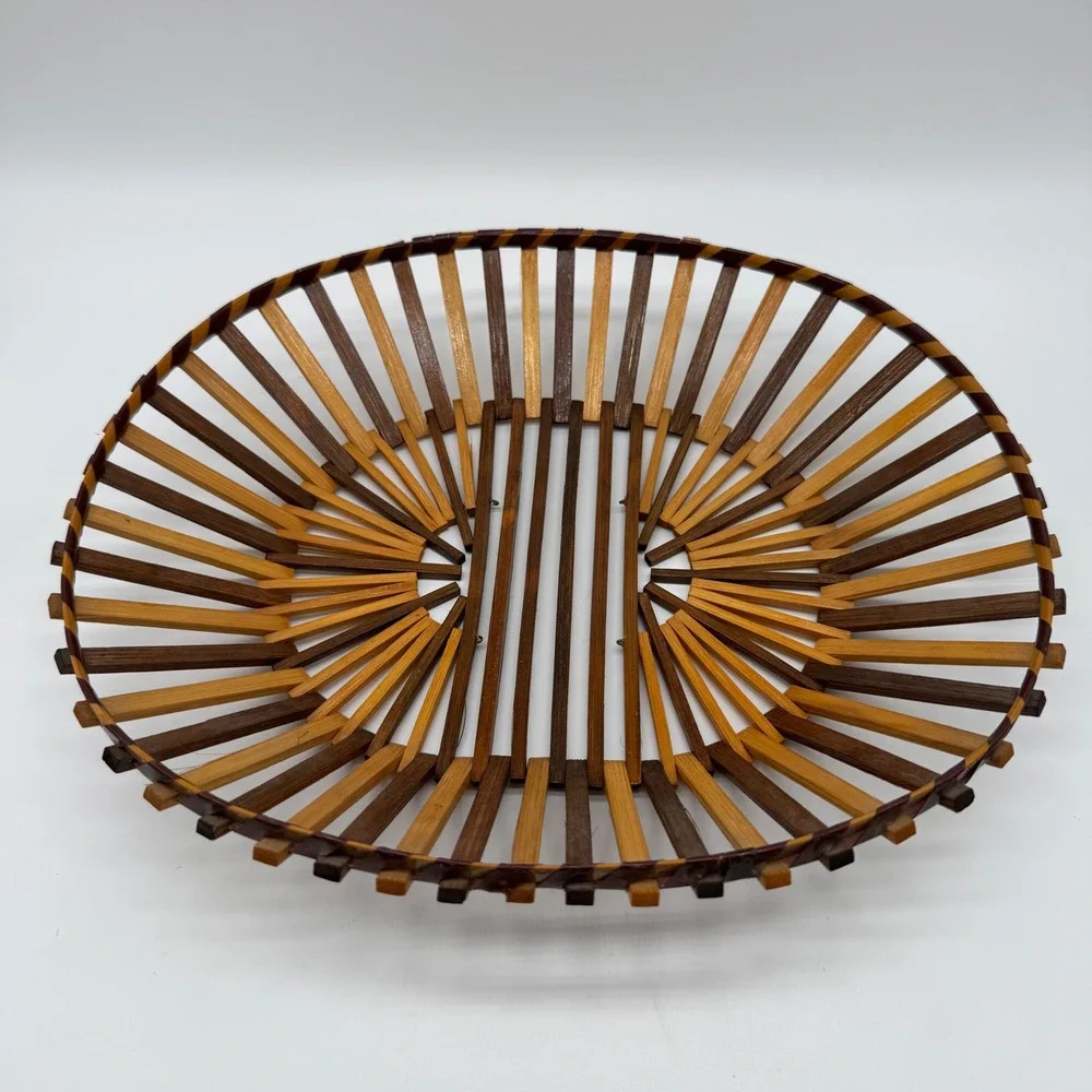 Vintage Bamboo Slat Oval Basket Two Tone Japanese Wood Fruit Bread Bowl 12x10